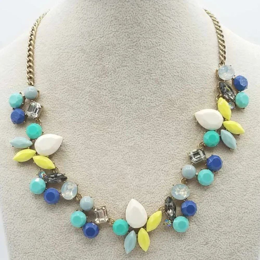 J Crew White Blue Yellow Clear Stone Crystal Statement Necklace